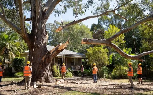 A large eucalypt being sectionally dismantled