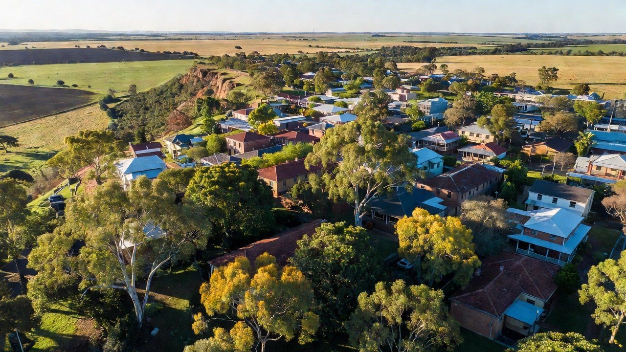 A wide regional street lined with large mature eucalyptus trees and suburban homes